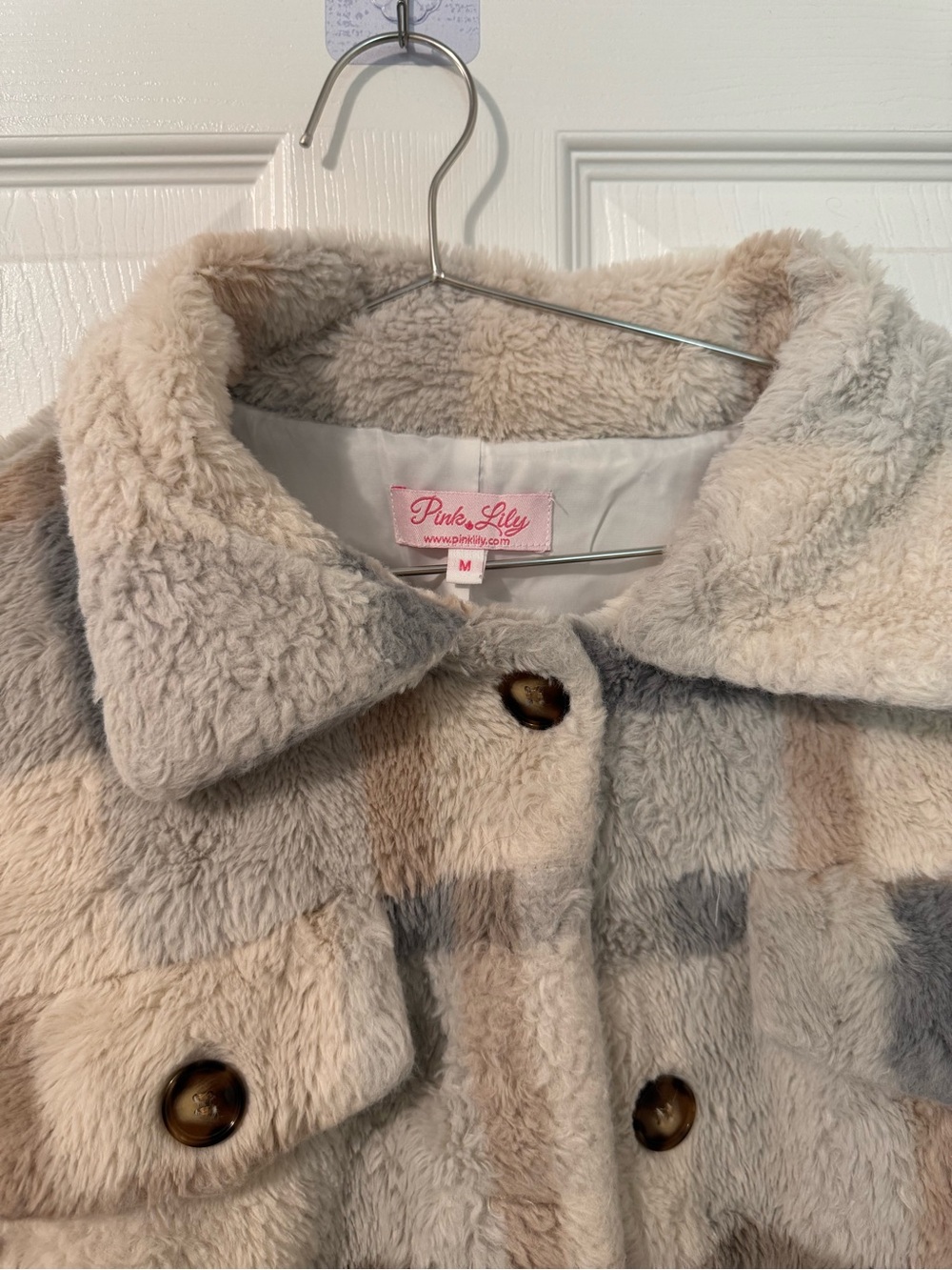 Pink Lily Plush Sherpa Coat in Cream and Gray Plaid